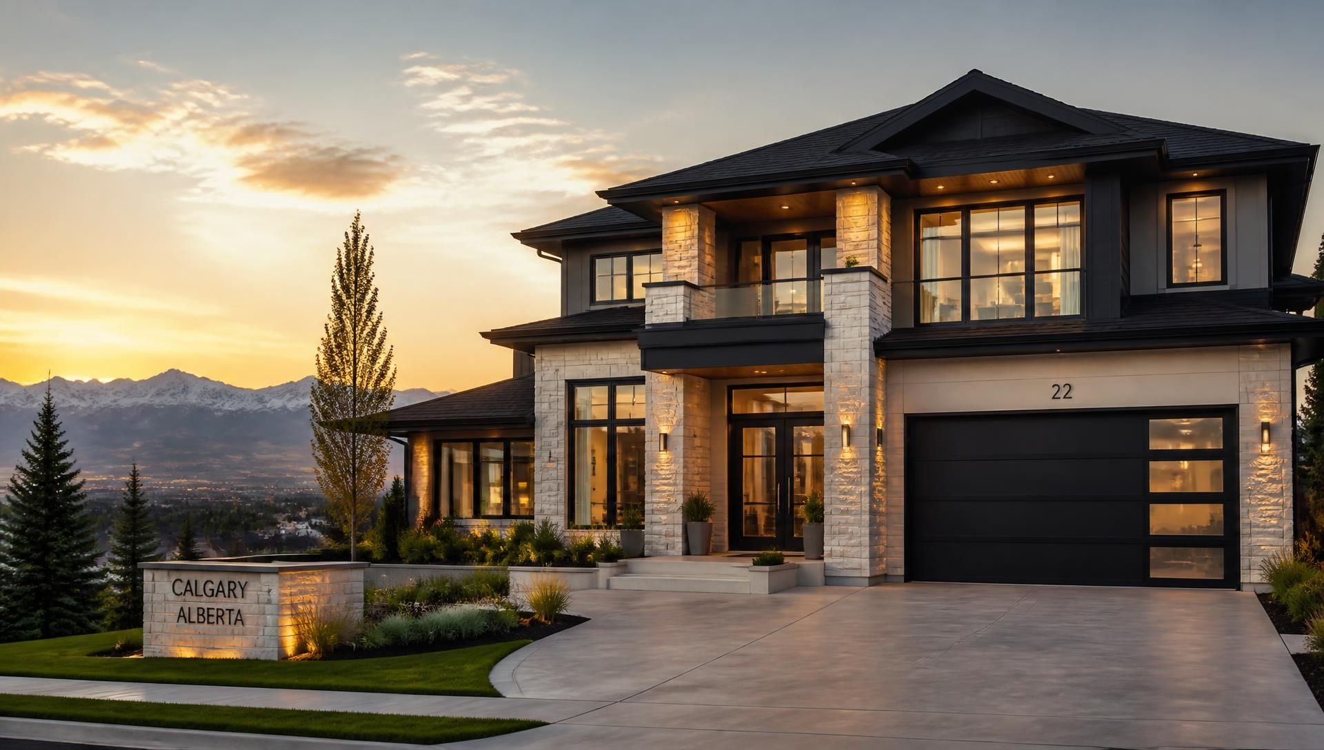 Modern Alberta home at golden hour with the Rocky Mountains beyond